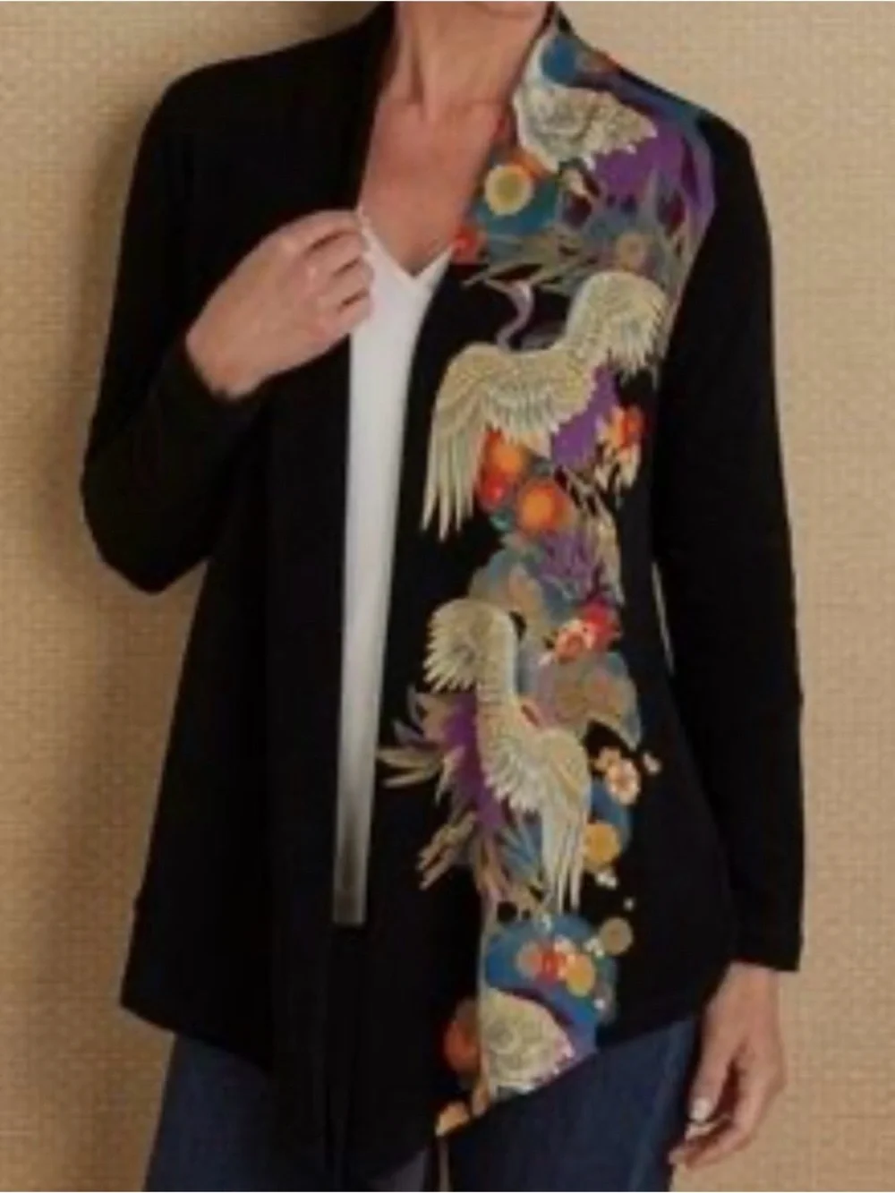Soft‎ Surroundings Printed Open Black Knit Stretch Cardigan Size XL Extra Large
